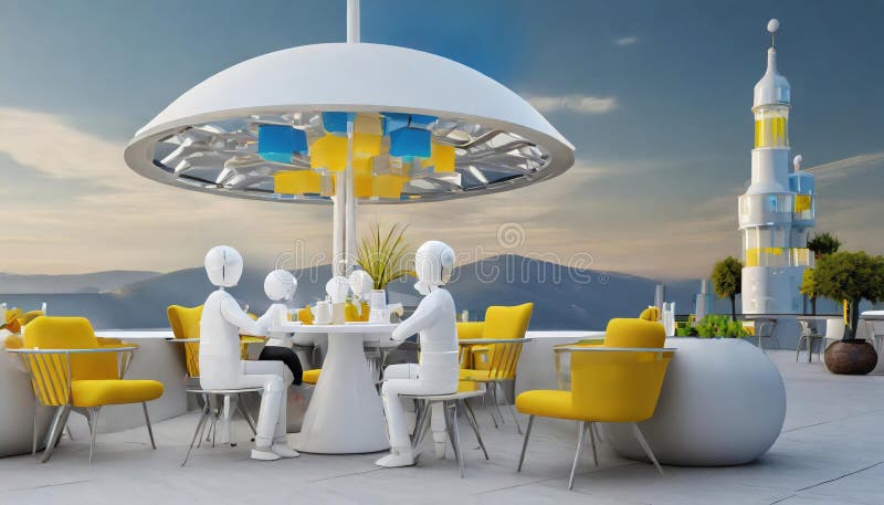 Robots having a business meeting in a futuristic cafe enjoying drinks in a trendy setting. royalty free stock photos