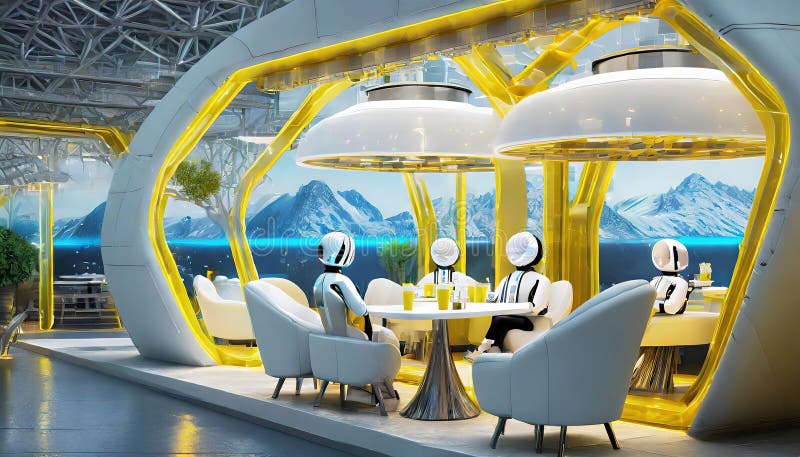 Robots having a business meeting in a futuristic cafe enjoying drinks in a trendy setting. stock photos