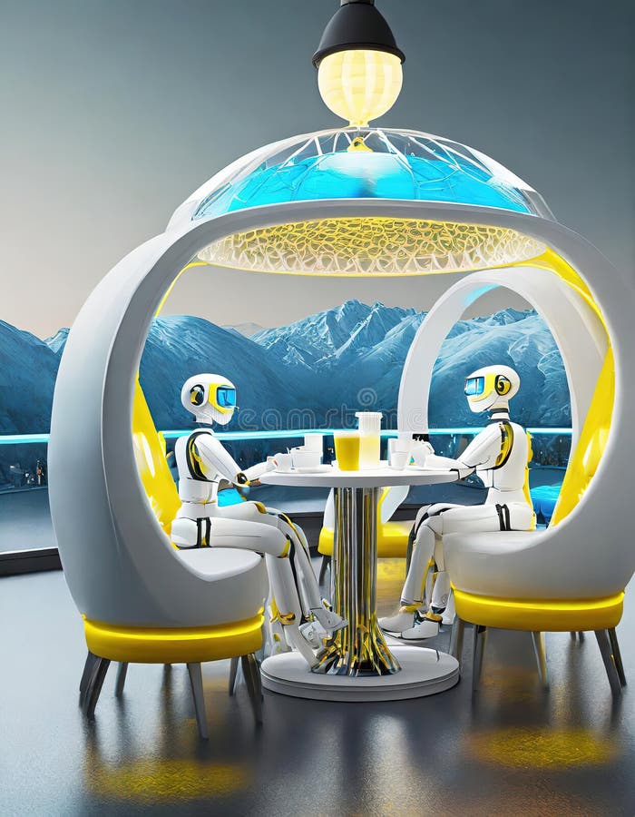 Robots having a business meeting in a futuristic cafe enjoying drinks in a trendy setting. royalty free stock image