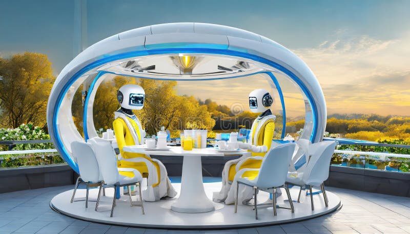 Robots having a business meeting in a futuristic cafe enjoying drinks in a trendy setting. royalty free stock images