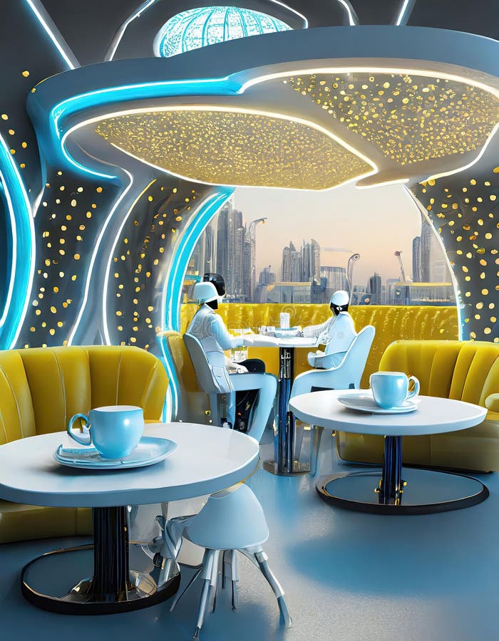 Robots having a business meeting in a futuristic cafe enjoying drinks in a trendy setting. stock photos