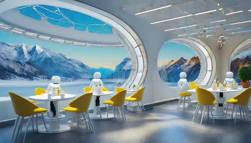 Robots having a business meeting in a futuristic cafe enjoying drinks in a trendy setting. royalty free stock images