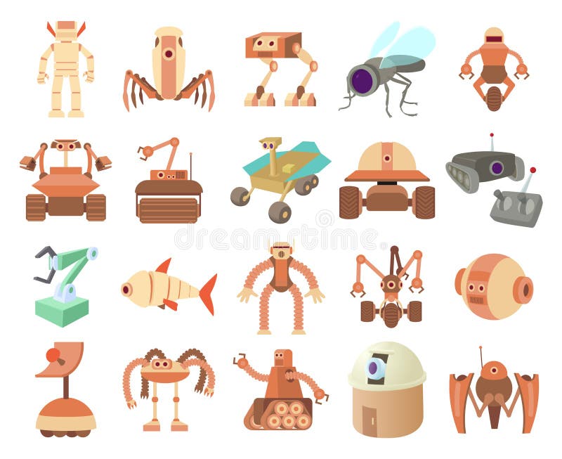 Robots icon set, cartoon style stock illustration