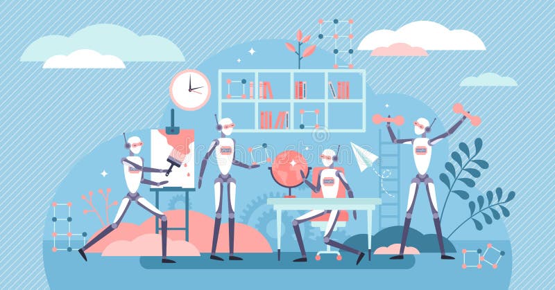 Robots learning vector illustration. AI cognition in tiny persons concept. vector illustration