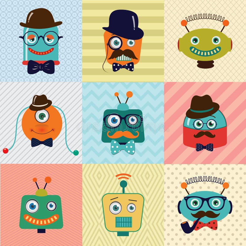 Robots lindos de la moda del vintage del inconformista ilustración del vector Robots lindos de la moda del vintage del inconformista ilustración del vector