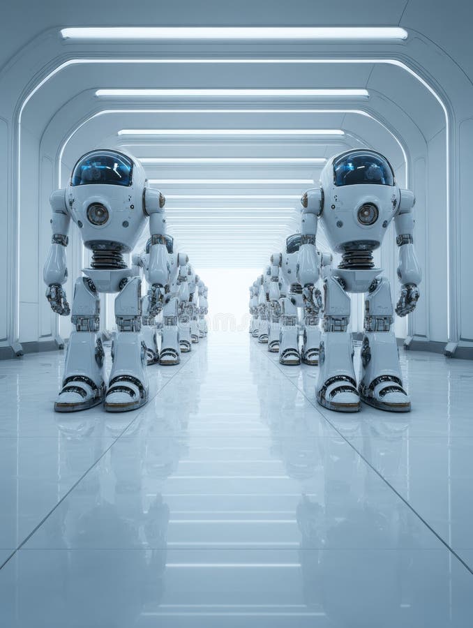 Robots Marching in a Futuristic Corridor Illuminated by Bright Lights During a Sci-Fi Event stock images