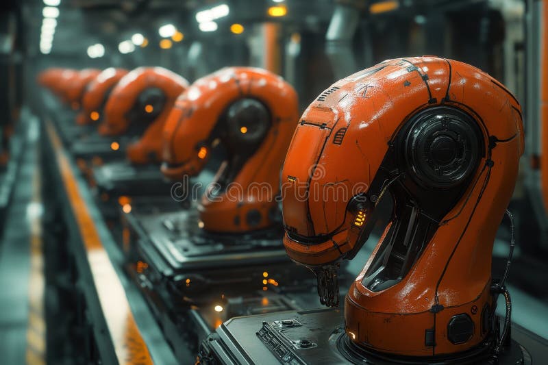 Robots perform tasks in a modern manufacturing plant with advanced technology. In a vast factory, several robots are actively engaged in various production activities, showcasing their advanced capabilities. Bright lights illuminate the bustling environment during the day.