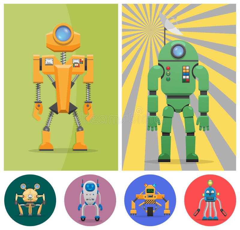 Robots peu communs en métal avec de diverses fonctions réglées illustration stock Robots peu communs en métal avec de diverses fonctions réglées illustration stock