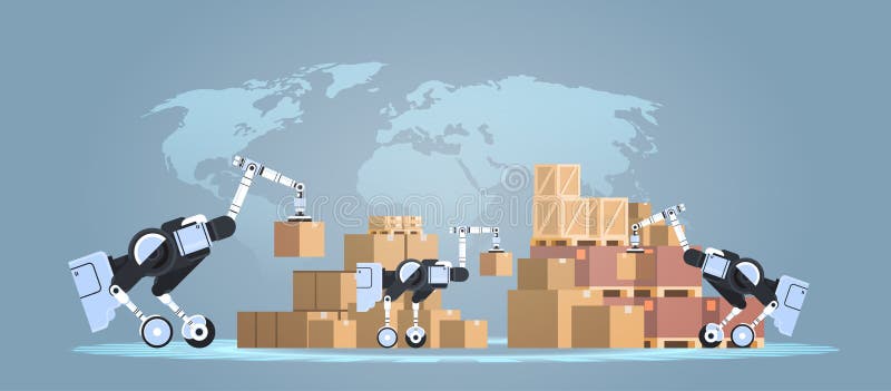 Robots loading cardboard boxes hi-tech smart factory warehouse logistics automation technology concept modern robotic cartoon characters world map background flat horizontal vector illustration. Robots loading cardboard boxes hi-tech smart factory warehouse logistics automation technology concept modern robotic cartoon characters world map background flat horizontal vector illustration