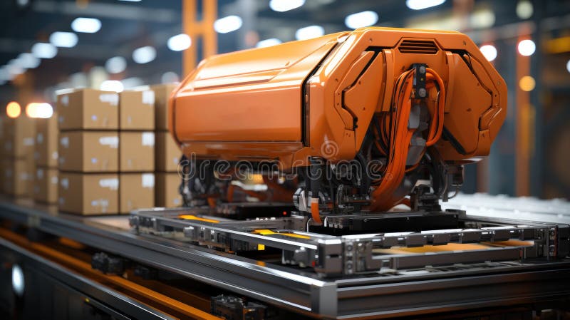 Robots sort and move boxes, packaging and sorting robot, placing items into boxes for shipping, Warehouse, automatic robots stock illustration