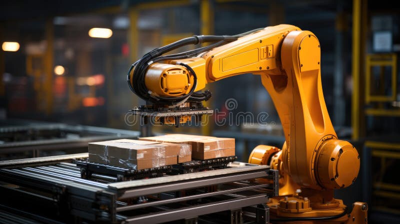Robots sort and move boxes, packaging and sorting robot, placing items into boxes for shipping, Warehouse, automatic robots vector illustration