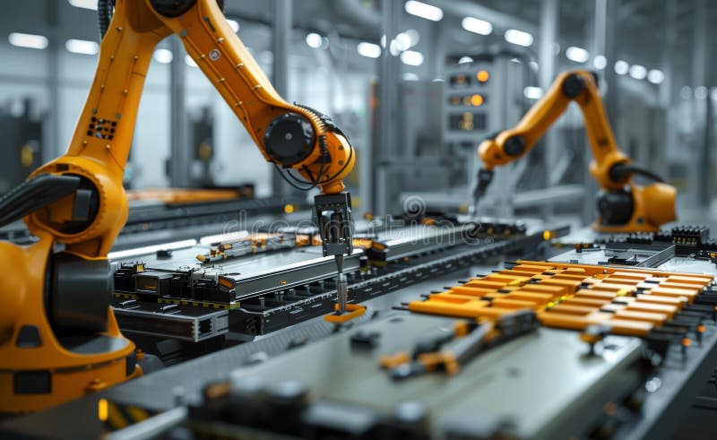 Robotvapen för montering av elektriska fordonsbatterier i högteknologiska fabriker arkivfoto
