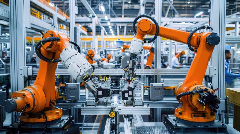 Robotvapen som monterar digitala komponenter i fabriken arkivfoton