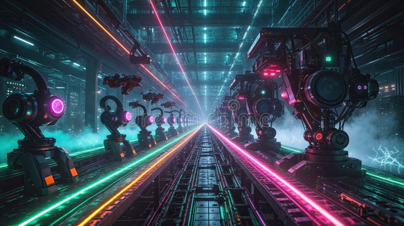 Roboty futurystyczne i drony pracujące synchronicznie w automatycznej fabryce z neonowymi światłami fotografia stock