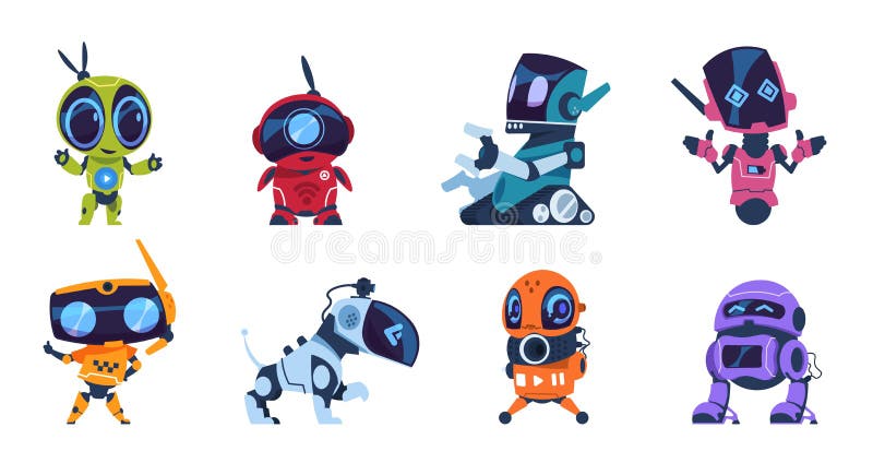 Roboty futurystyczne Rysunek współczesnych postaci AI różnych typów, zestaw asystentów osobistych Projektowanie gier typu Vector ilustracji