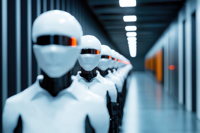 Roboty futurystyczne ustawiają się w korytarzu przemysłowym pod jasnymi światłami obrazy stock