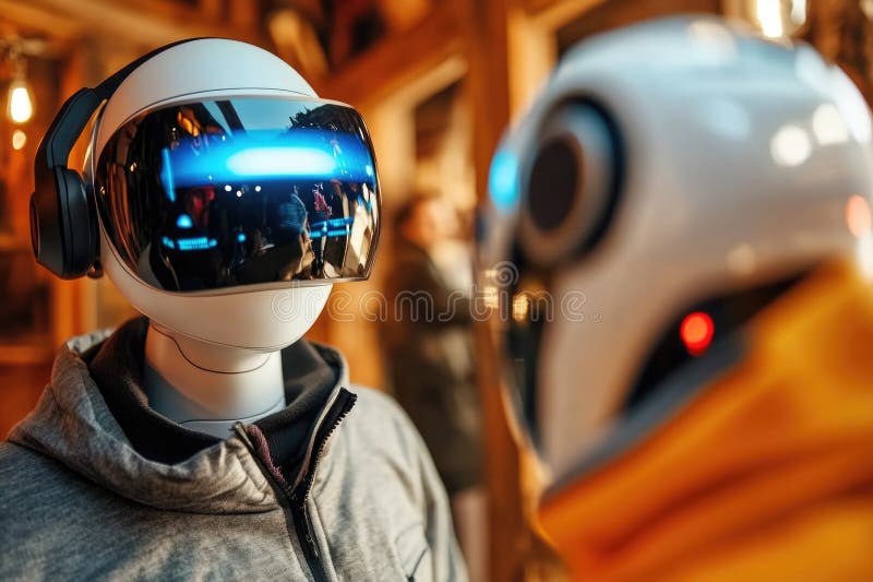 Roboty futurystyczne zaangażowane w interakcję z zaawansowaną technologią fotografia royalty free