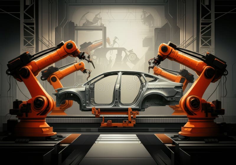 Robotyczne ramiona montujące nadwozie samochodowe w nowoczesnym zakładzie produkcyjnym obraz stock