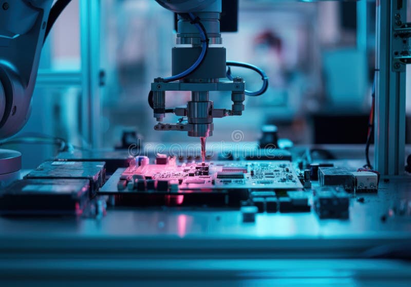 Robotyczne ramię montujące komponenty elektroniczne na płytce obwodowej zdjęcie stock