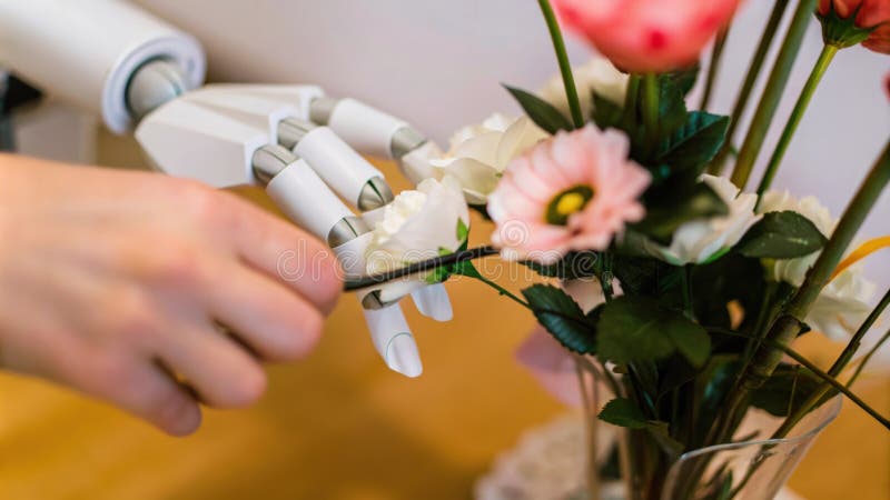 Robotyczną dłoń wyposażoną w miękkie końcówki palców delikatnie montując kruchy układ kwiatowy pokazujący jego zdolność zdjęcie stock
