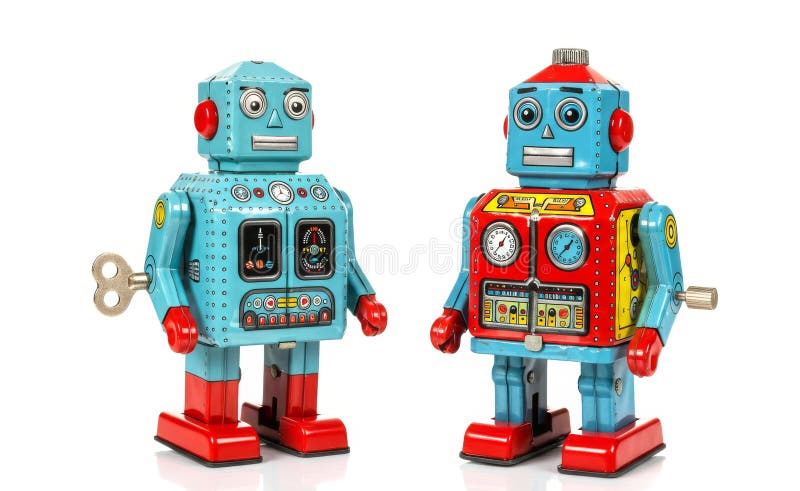 Roboți colorați din staniu, cu o formă colorată, care prezintă nostalgie și design clasic stock illustration
