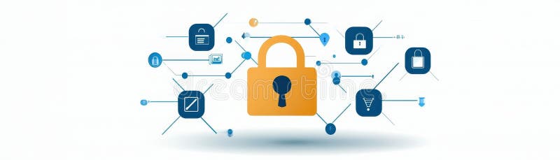 Robust data protection, padlock and icons symbolizing cybersecurity secure access stock illustration