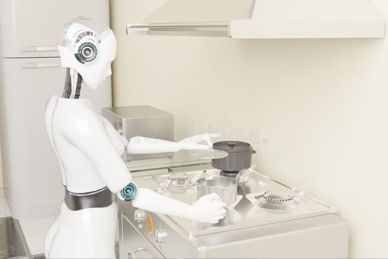 Robótica de tres dimensiones para cocinar ai inteligencia artificial para cocinar en concepto futurista ilustración del vector