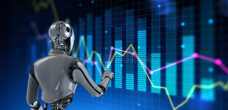 Robótica rpa análisis de grandes datos automatización comercio de tecnología robot con carritos y diagramas en pantalla virtual 3d ilustración del vector