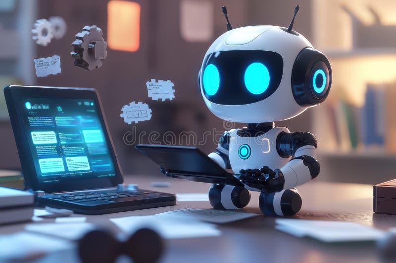 Robô bonito trabalhando na tecnologia de codificação de notebooks no futuro ilustração do vetor