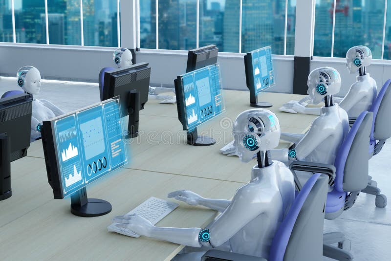 Renderização 3D de um robô a trabalhar num escritório com um visor de realidade aumentada ilustração royalty free