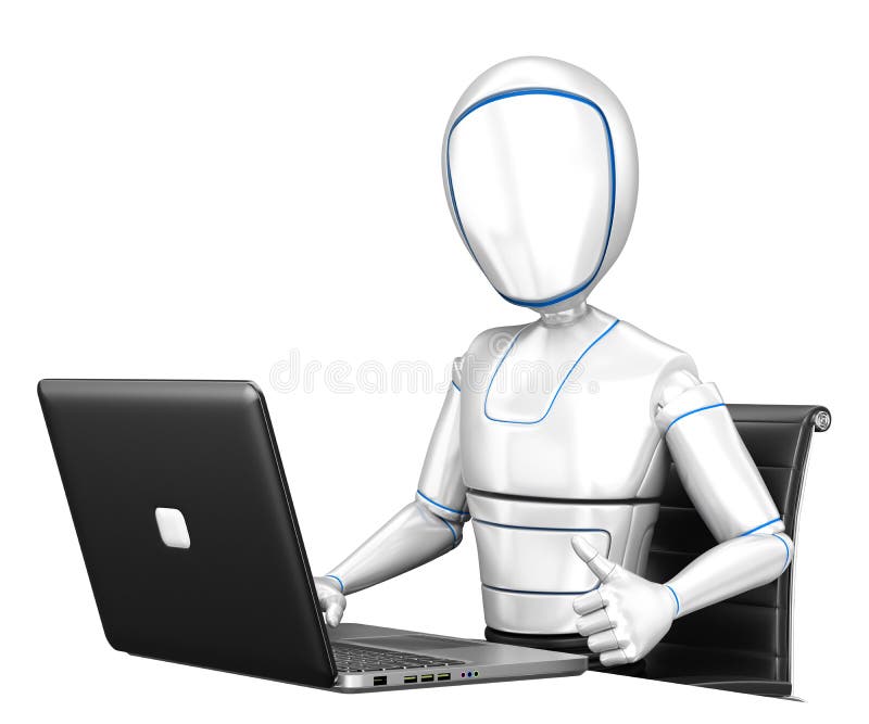 Robô do Humanoid 3D que trabalha com um portátil e um polegar acima ilustração do vetor