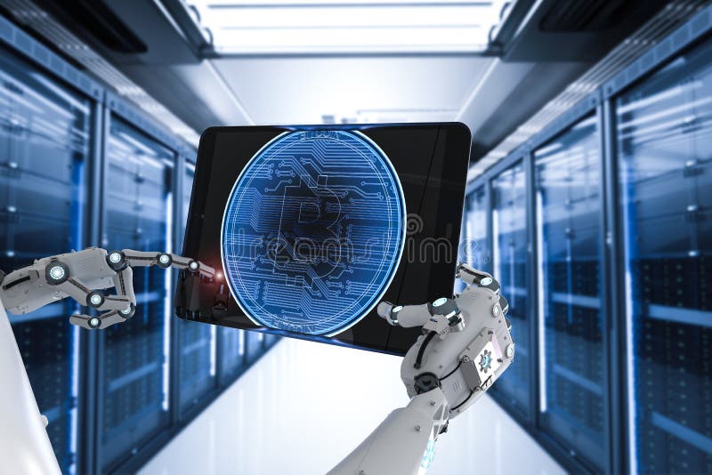 Robô que trabalha com bitcoin ilustração stock