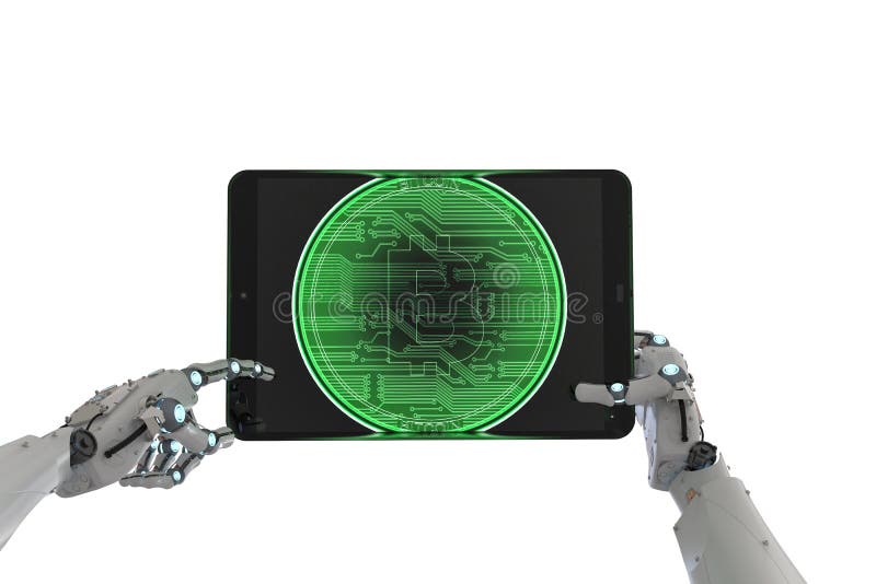 Robô que trabalha com bitcoin ilustração do vetor