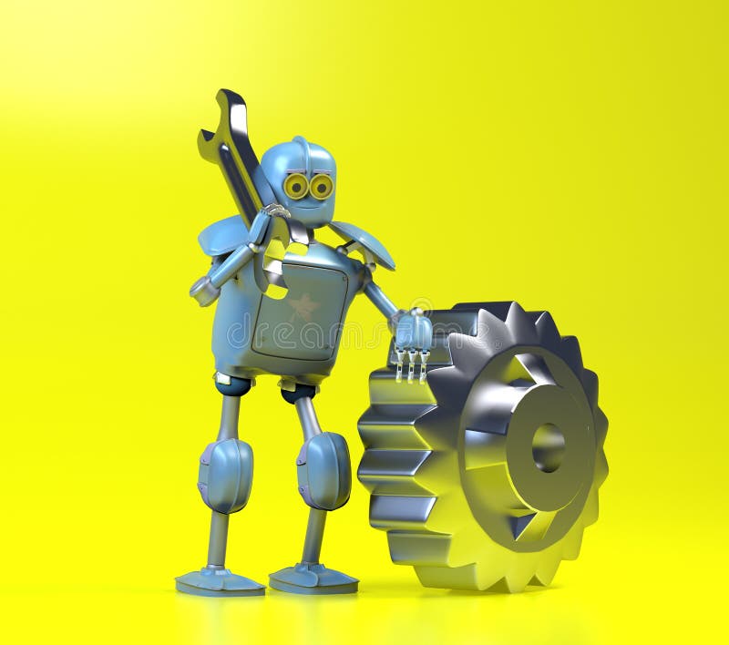 Robô retrô com engrenagem e chave inglesa,3d renderização ilustração royalty free Robô retrô com engrenagem e chave inglesa,3d renderização ilustração royalty free
