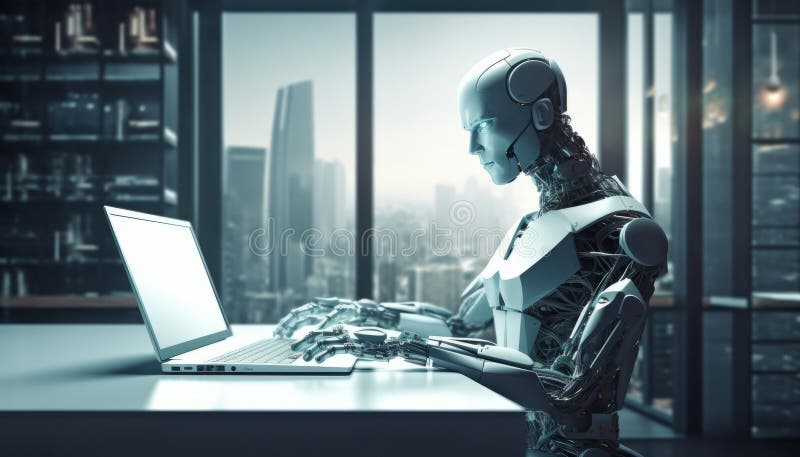 Robô trabalhando em um escritório moderno ilustração do vetor