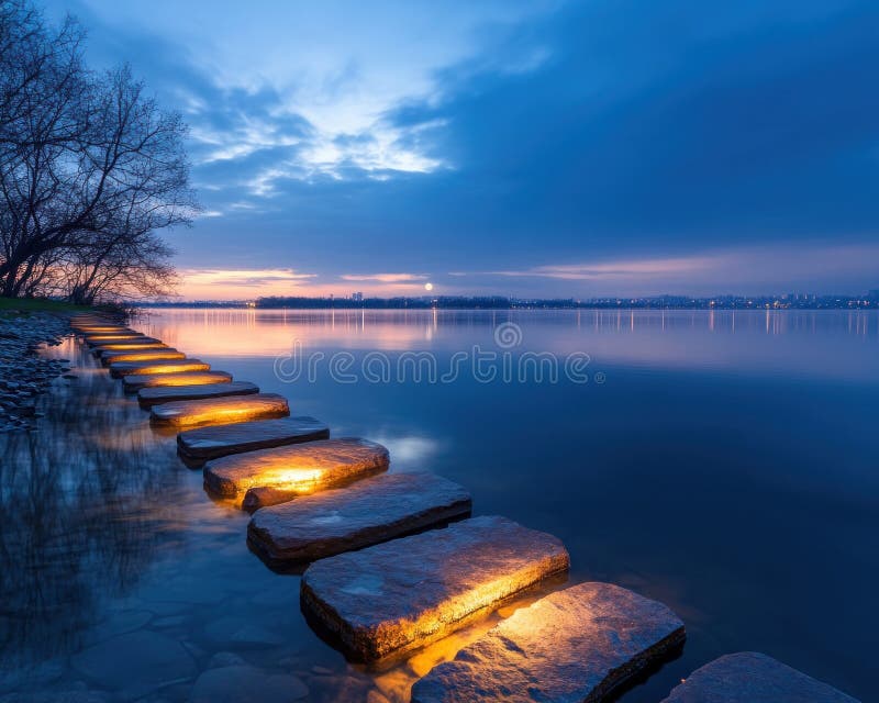 Rocas de escalonamiento brillantes que atraviesan un sereno lago en el crepúsculo simbolizando los objetivos incrementales y el ca. Serene twilight rayando piedras a través de un lago tranquilo cada uno un hito logrado este viaje simboliza el progreso progresivo hacia las aspiraciones el sendero iluminado reflejando en aguas tranquilas bajo un cielo de puesta de sol evoca la paz y la belleza de hacer realidad los sueños un paso a la vez ai generativo