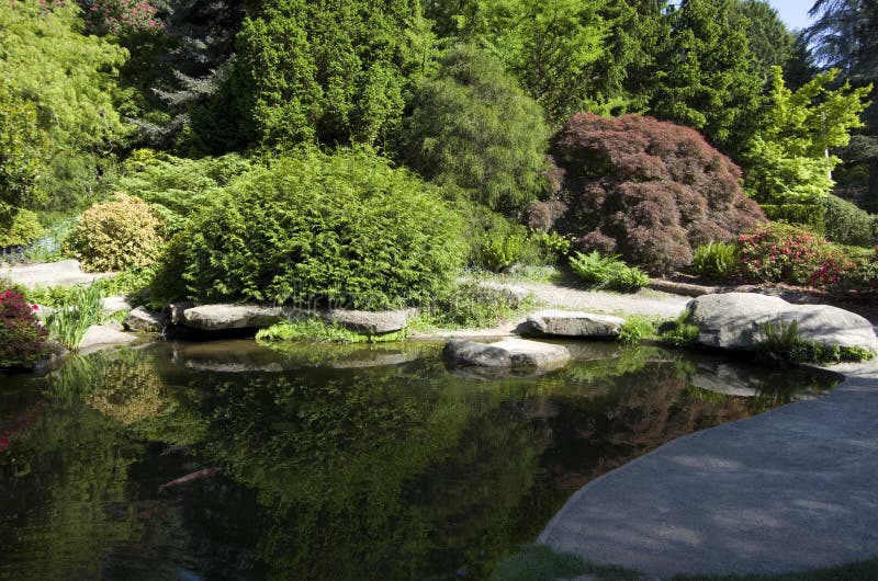 Roccia, stagno, pesce della carpa nel giardino di Kubota fotografie stock Roccia, stagno, pesce della carpa nel giardino di Kubota fotografie stock
