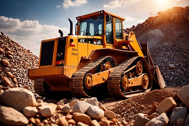 Bulldozer moving rocks at construction site or mine quarry photo. Bulldozer moving rocks at construction site or mine quarry photo