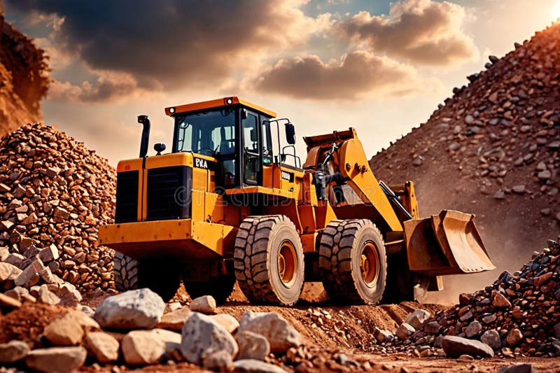 Bulldozer moving rocks at construction site or mine quarry photo. Bulldozer moving rocks at construction site or mine quarry photo