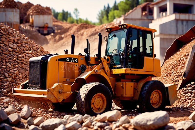 Bulldozer moving rocks at construction site or mine quarry photo. Bulldozer moving rocks at construction site or mine quarry photo