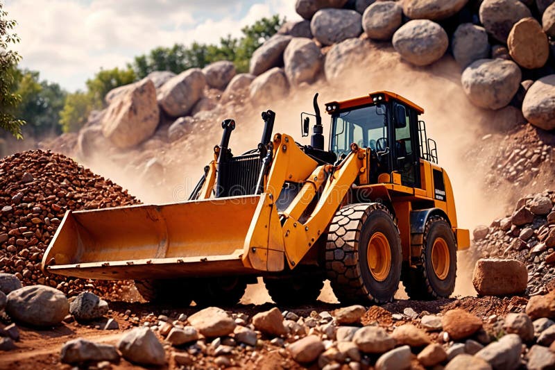 Bulldozer moving rocks at construction site or mine quarry photo. Bulldozer moving rocks at construction site or mine quarry photo