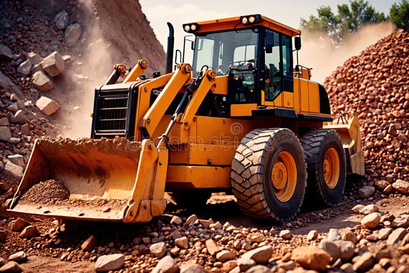 Bulldozer moving rocks at construction site or mine quarry photo. Bulldozer moving rocks at construction site or mine quarry photo