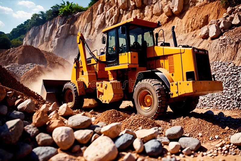 Bulldozer moving rocks at construction site or mine quarry photo. Bulldozer moving rocks at construction site or mine quarry photo