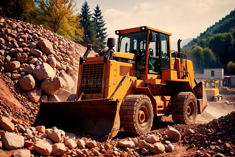 Bulldozer moving rocks at construction site or mine quarry photo. Bulldozer moving rocks at construction site or mine quarry photo