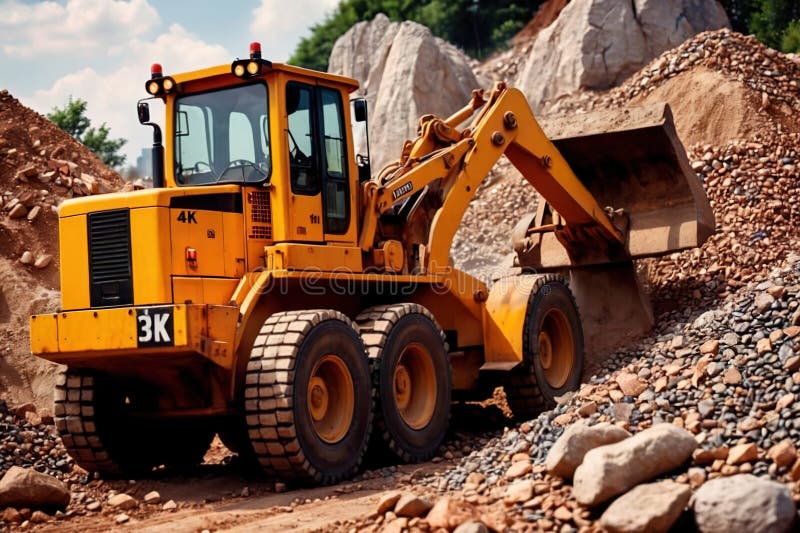 Bulldozer moving rocks at construction site or mine quarry photo. Bulldozer moving rocks at construction site or mine quarry photo