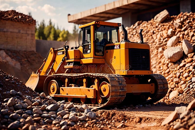 Bulldozer moving rocks at construction site or mine quarry photo. Bulldozer moving rocks at construction site or mine quarry photo