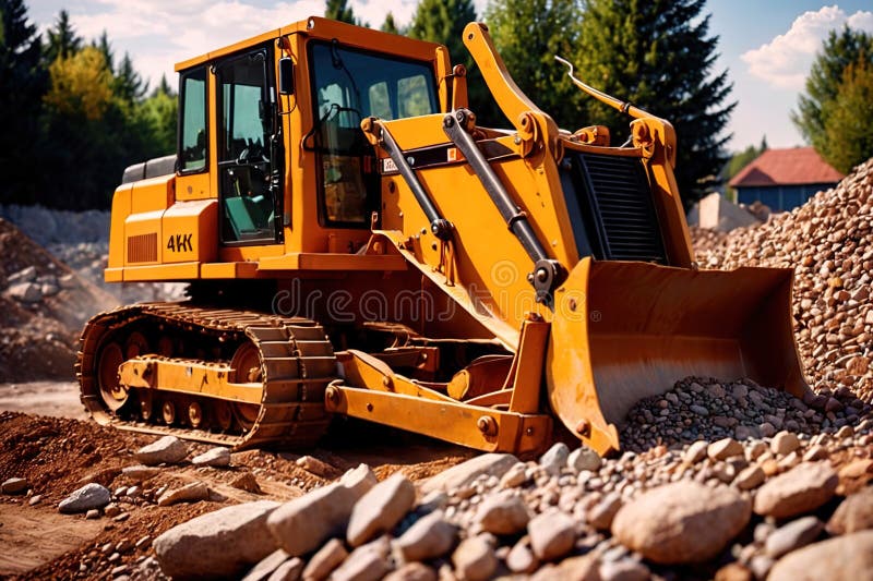 Bulldozer moving rocks at construction site or mine quarry photo. Bulldozer moving rocks at construction site or mine quarry photo