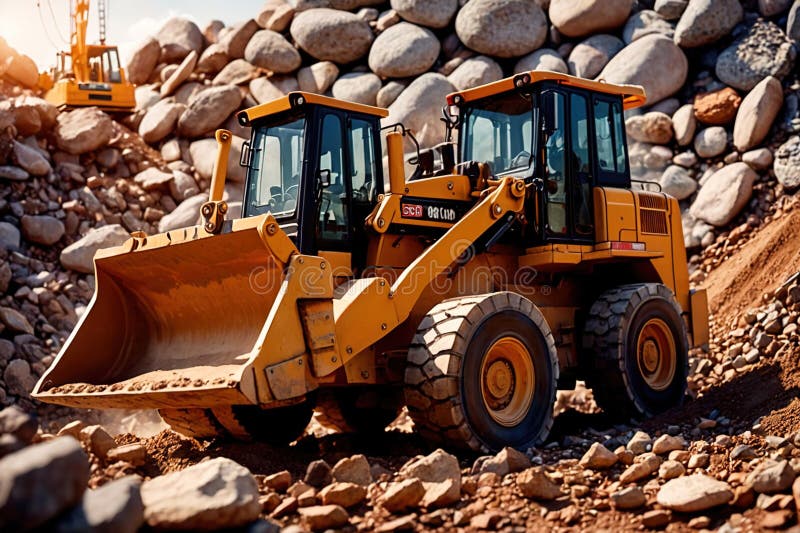 Bulldozer moving rocks at construction site or mine quarry photo. Bulldozer moving rocks at construction site or mine quarry photo