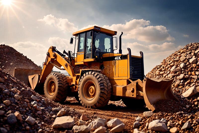 Bulldozer moving rocks at construction site or mine quarry photo. Bulldozer moving rocks at construction site or mine quarry photo