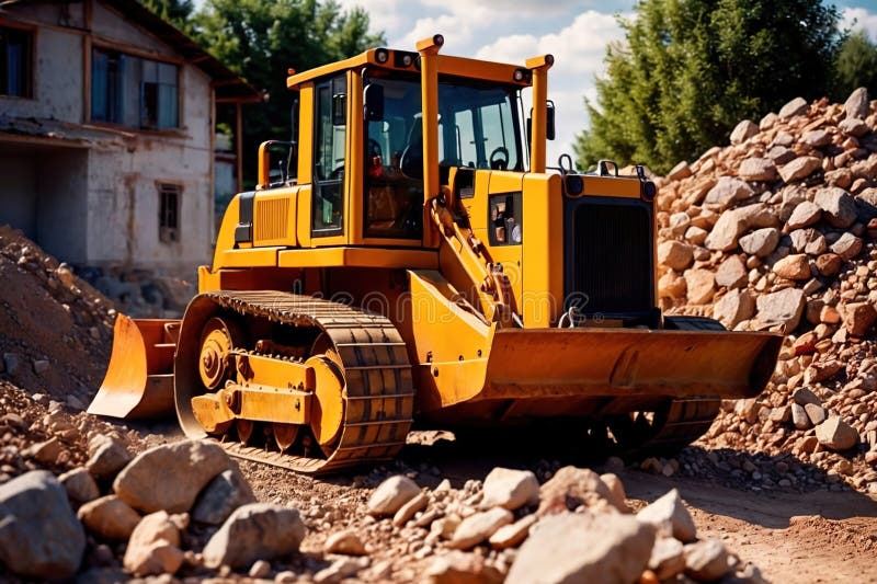 Bulldozer moving rocks at construction site or mine quarry photo. Bulldozer moving rocks at construction site or mine quarry photo